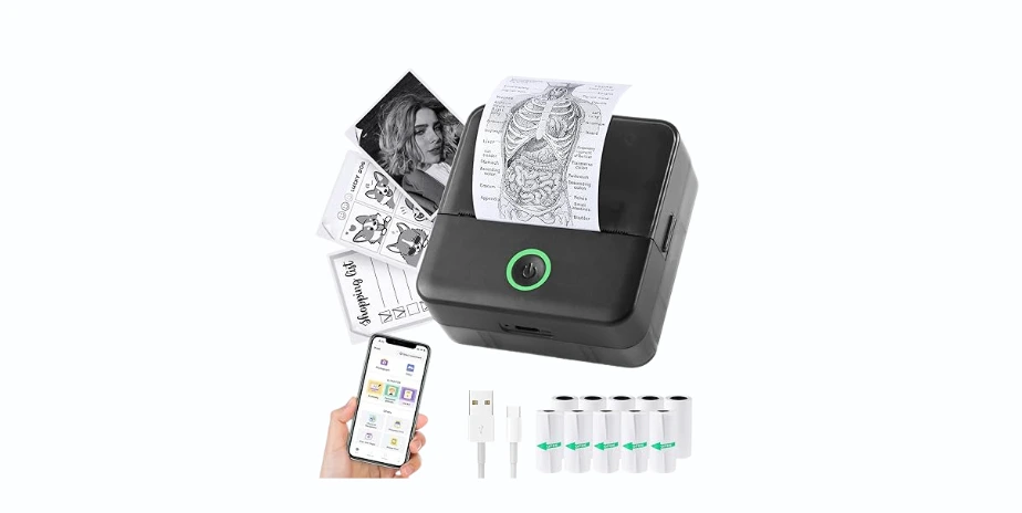 Print Pods Mini Printer, Thermal Inkless Sticker Maker with 10 Rolls Printing Paper