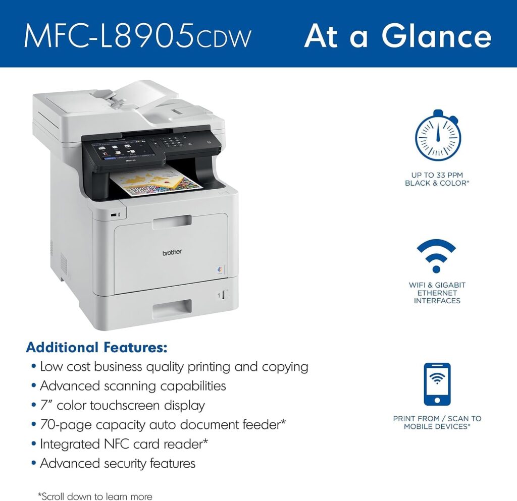 Brother Color Laser All-in-One Printer with Advanced Security, High-Speed 33ppm Printing, Wireless Network, 7 in Touchscreen, Duplex Print and Scan for Business (MFC-L8905CDW)