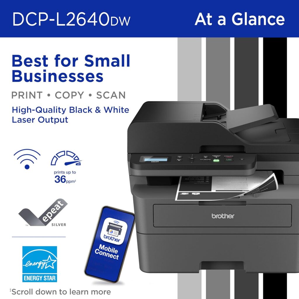 Brother DCP-L2640DW Wireless Compact Monochrome Multi-Function Laser Printer with Copy and Scan, Duplex, Mobile, Black  White | Includes Refresh Subscription Trial(1), Works with Alexa
