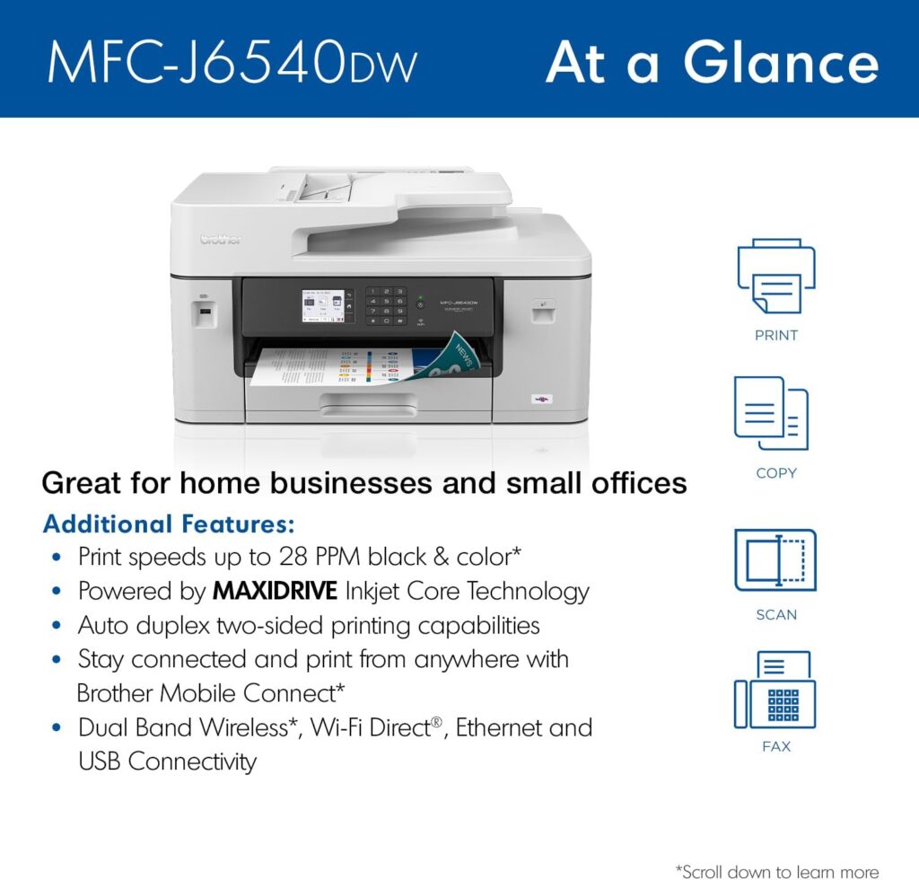 Brother Genuine Wide Format All-in-One Wireless Color Printer for Home Office and Small Business with 11x17 Printer, Scanner, Copier and Fax - Fast 28 PPM Inkjet Technology (MFC-J6540DW)