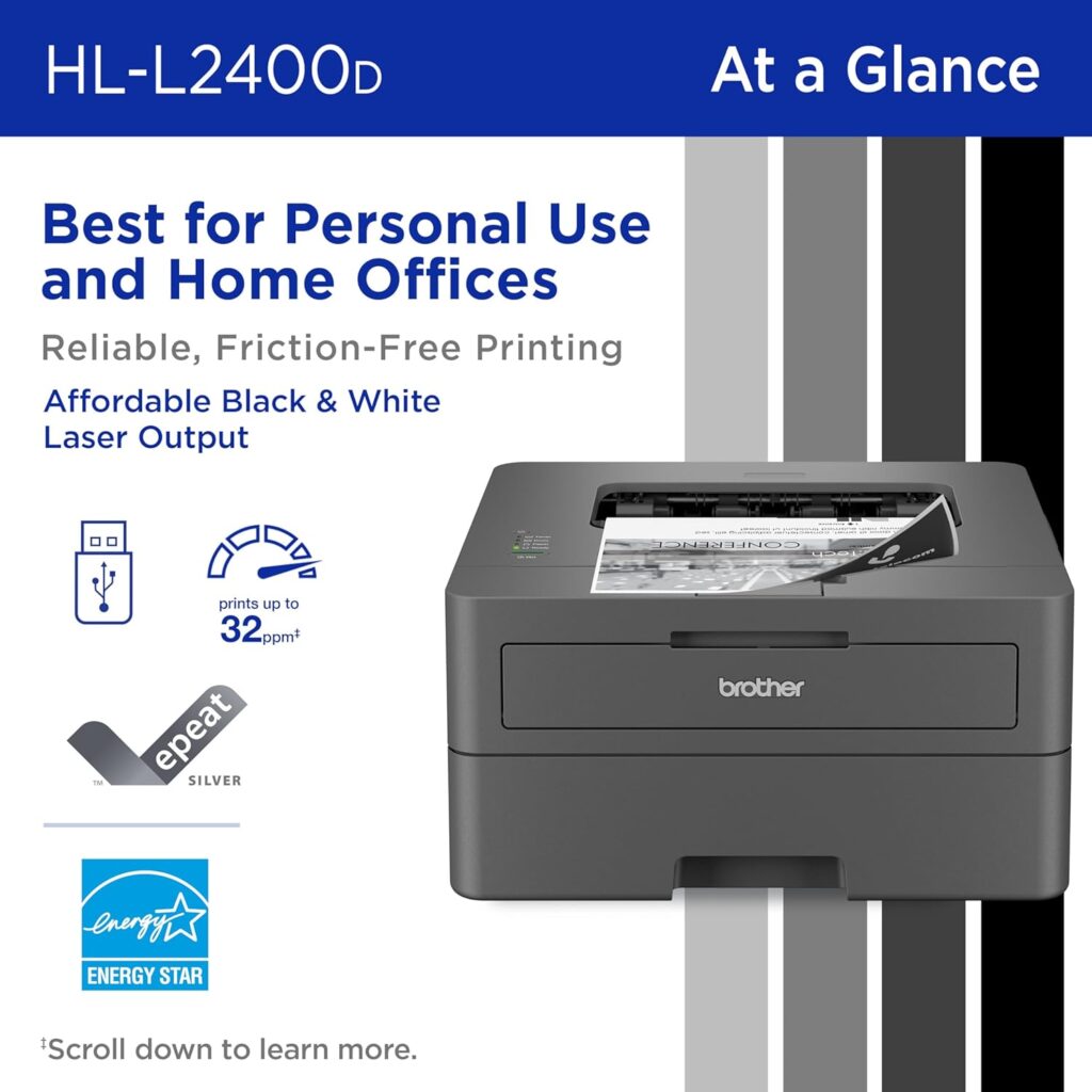 Brother HL-L2400D Compact Monochrome Laser Printer, USB Required (Cable not Included), Black  White Output | Includes Refresh Subscription Trial(1), (Renewed Premium)