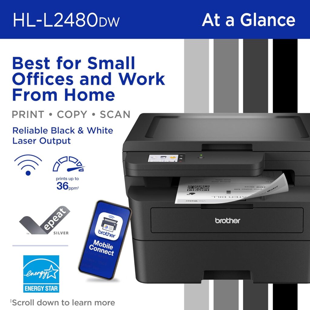 Brother HL-L2480DW Wireless Compact Monochrome Multi-Function Laser Printer with Copy and Scan, Duplex, Mobile, Black  White | Includes Refresh Subscription Trial(1), Works with Alexa