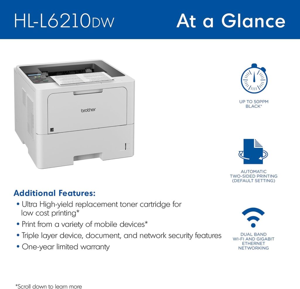 Brother HLL6210DW Business Monochrome Laser Printer with Large Paper Capacity, Wireless and Gigabit Ethernet Networking, Advanced Security Features and Mobile Printing (Renewed Premium)