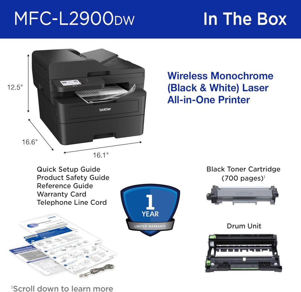 Brother Professional Laser Printer with Scanner, Wireless Duplex Printing and Scanning, Cloud-Ready 3.5 in Touchscreen for Small Business (MFC-L2900DW), Works with Alexa