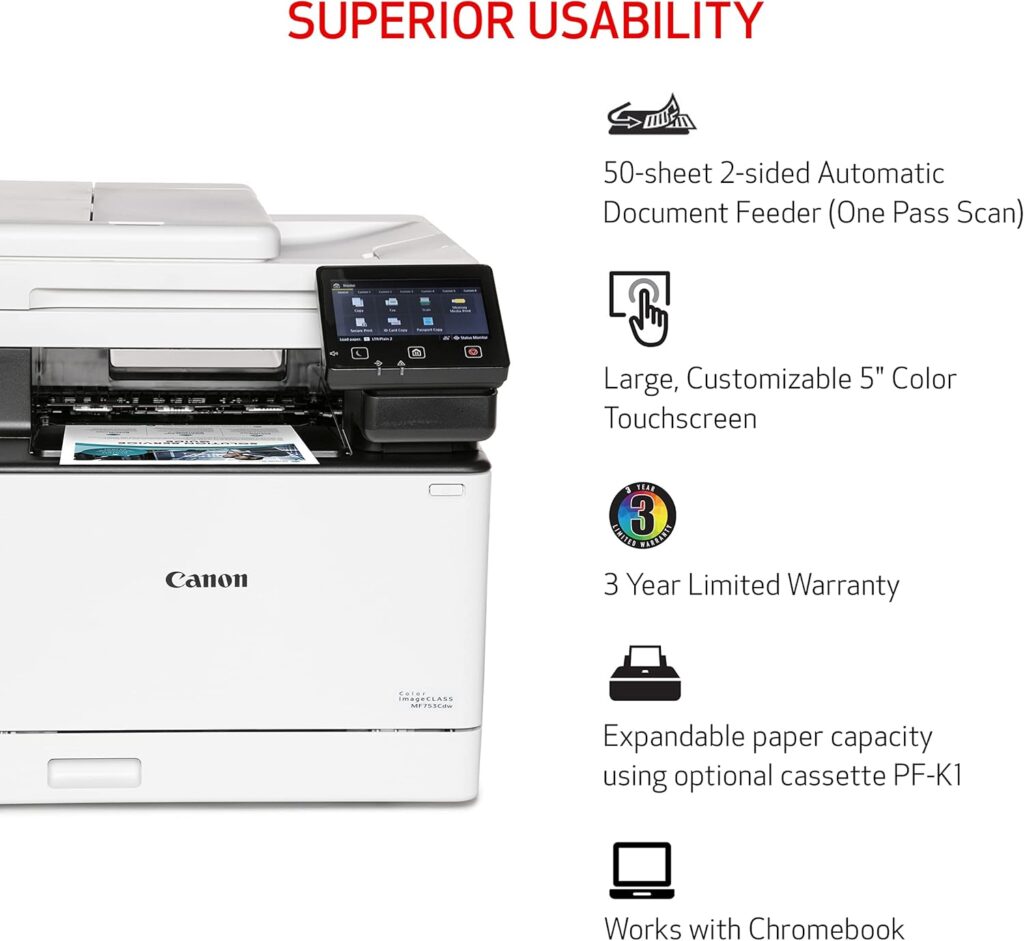 Canon Color imageCLASS MF753Cdw - Wireless Duplex Laser Printer, All-In-One with Scanner, Copier, Fax, Auto Document Feeder, Mobile Ready, 3 Year Limited Warranty, 35 PPM, White