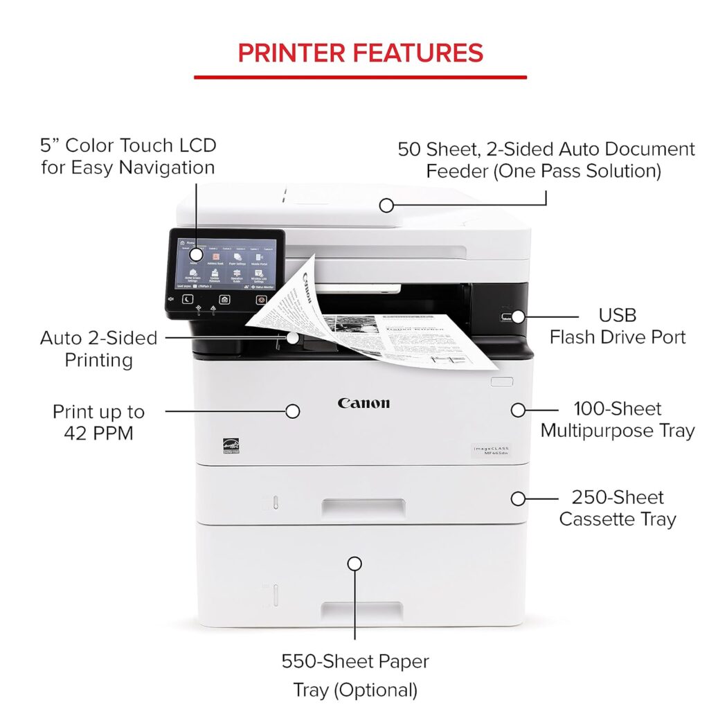 Canon imageCLASS MF465dw - Monochrome, Duplex Wireless Laser Printer, All-in-One with Scanner, Copier, Fax, Home or Office, Auto Document Feeder, Mobile Ready, 3 Year Limited Warranty, 42 PPM, White