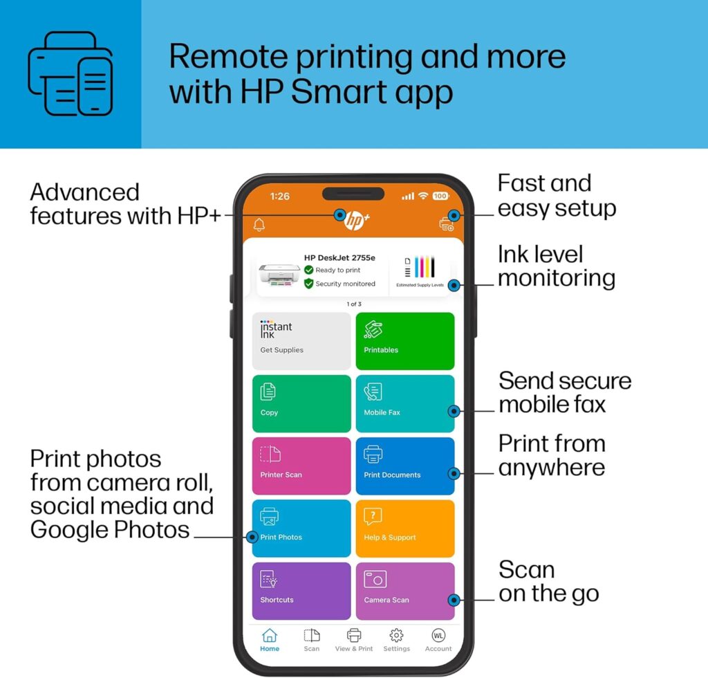 HP DeskJet 2755e Wireless Color inkjet-printer, Print, scan, copy, Easy setup, Mobile printing, Best-for home, 6 month Instant Ink trial included, white (packaging may vary)