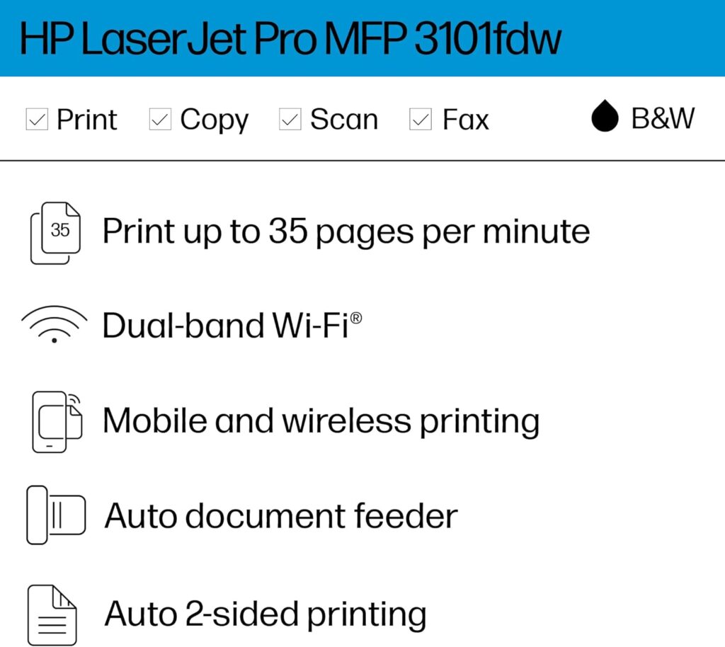 HP LaserJet Pro MFP 3101fdw Wireless Black  White All-in-One Laser Printer, Scanner, Copier, Fax, Best-for-Office (3G628F)
