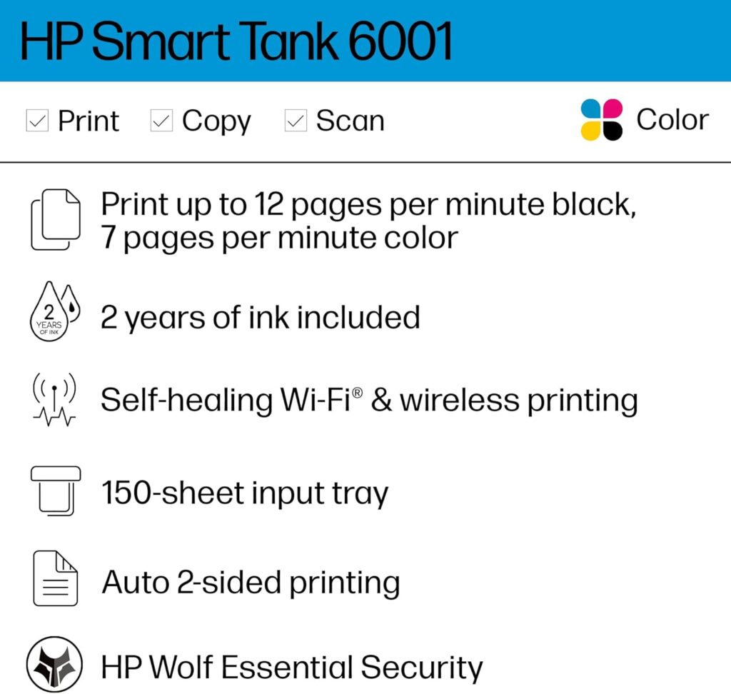 HP Smart -Tank 6001 Wireless Cartridge-Free all in one printer, this ink -tank printer comes with up to 2 years of ink included, with mobile print, scan, copy (2H0B9A)