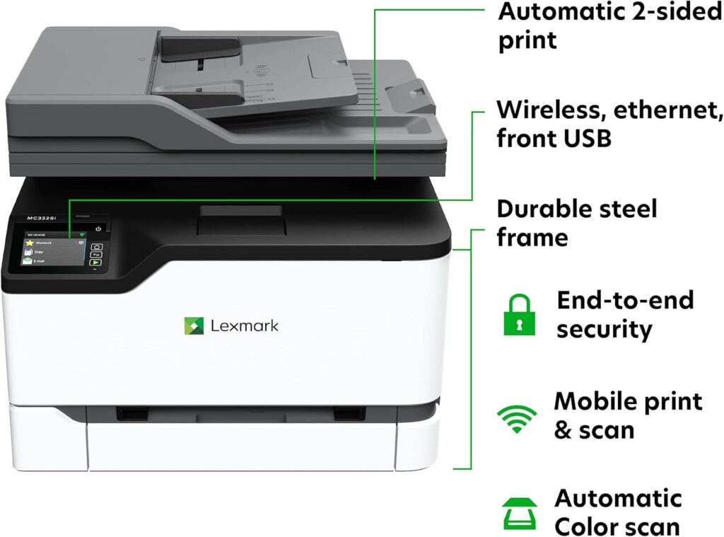Lexmark CX331adwe Color All-in-One Laser Printer with Touchscreen, Office Scanner Copier Laser, Mobile Ready, Auto Duplex Printing  Analog Fax, Wireless, White, 26 ppm Mono/Color, 600 dpi (40N9070)
