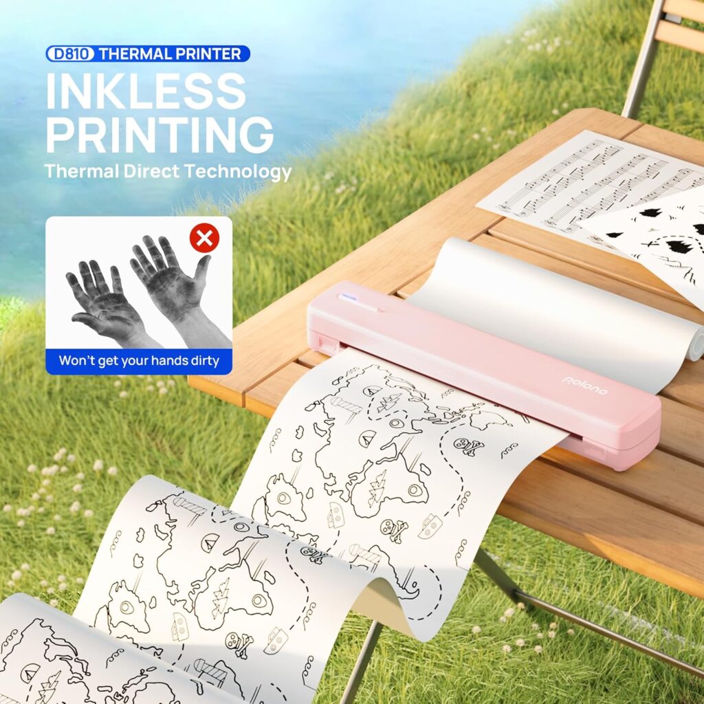 POLONO Portable Printer Wireless for Travel, D810 Bluetooth Thermal Printer Support for 8.5x11 US Letter, Inkless Compatible with iOS, Android, Laptop for Office, Car and Home, Black