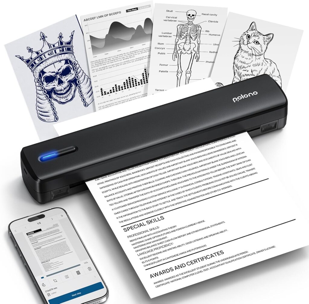 POLONO Portable Printer Wireless for Travel, D810 Bluetooth Thermal Printer Support for 8.5x11 US Letter, Inkless Compatible with iOS, Android, Laptop for Office, Car and Home, Black