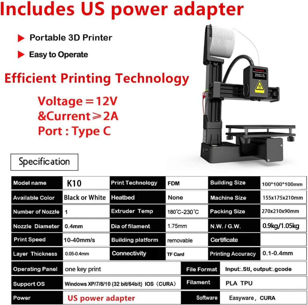 Portable 3D Printer - Compact FDM 3D Printer with Removable Build Plate, PLA  TPU Filament Compatibility, 0.4mm Nozzle, 100x100x100mm Build Volume, Easy-to-Use Design for Beginners