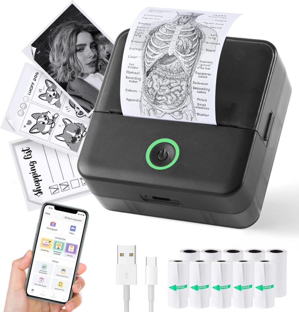 Print Pods Mini Printer, Thermal Inkless Sticker Maker with 10 Rolls Printing Paper, Pocket Printpod for phone, Impresora Portátil for Notes, Flashcards, Journal, DIY, Compatible with iOS  Android