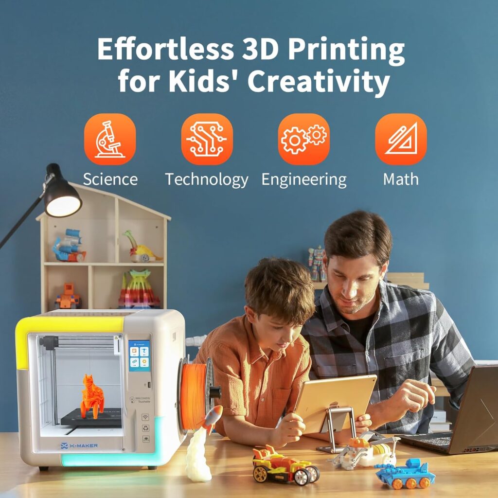 X-Maker 3D Printer for Kids and Beginners, Fully Assembled High-Speed 3D Printer with 8 PLA Filament Set, Leveling-Free Bed, Wi-Fi Printing, Resume Printing, Silent, High Precision, with App
