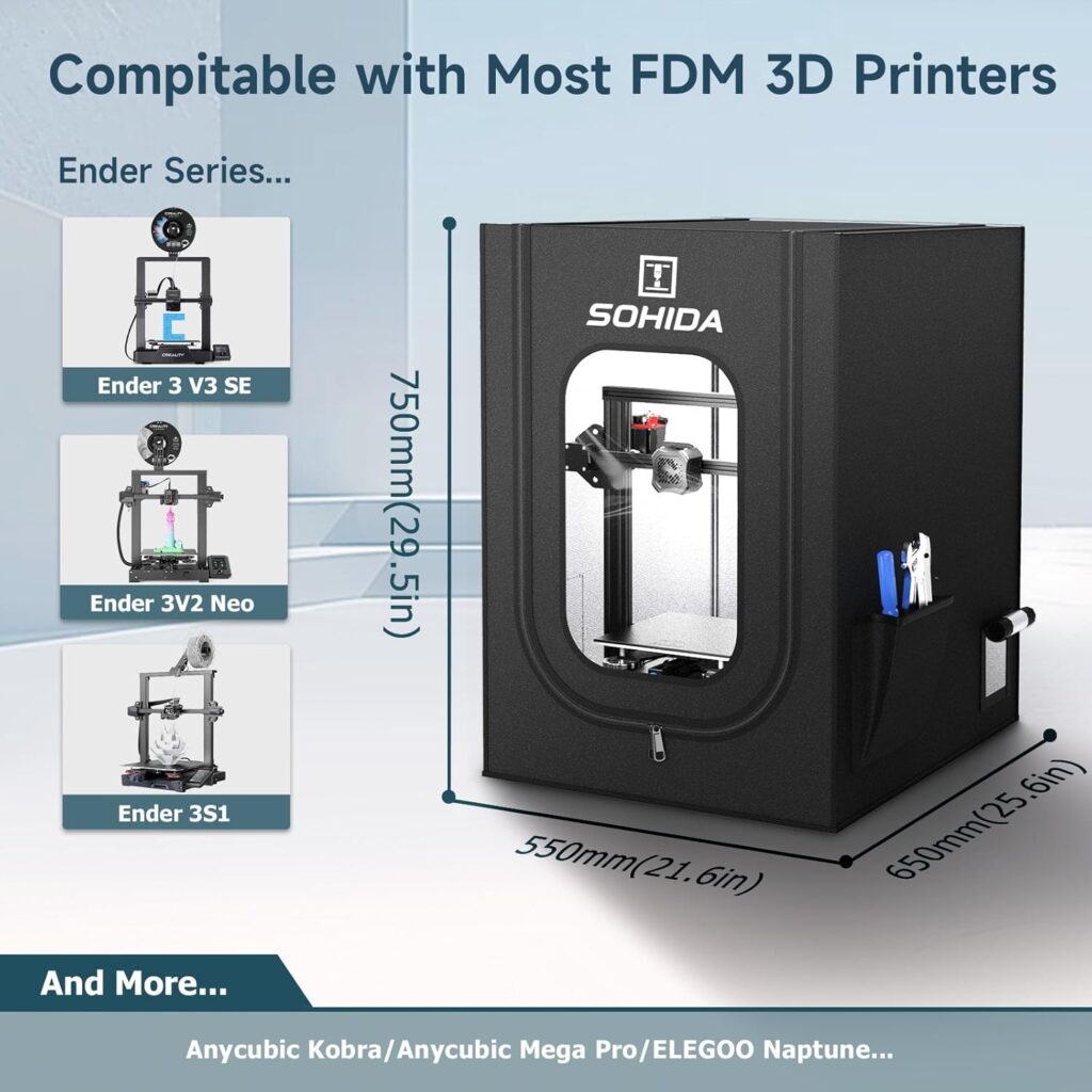 3D Printer Enclosure, Printer Cover with 72mm Exhaust Fan Port, Fireproof, Dustproof, Noise Reduction, for Ender 3/Pro/V2/S1/Anycubic Elegoo, Maintains Constant Temperature, 25.59x21.65x29.53