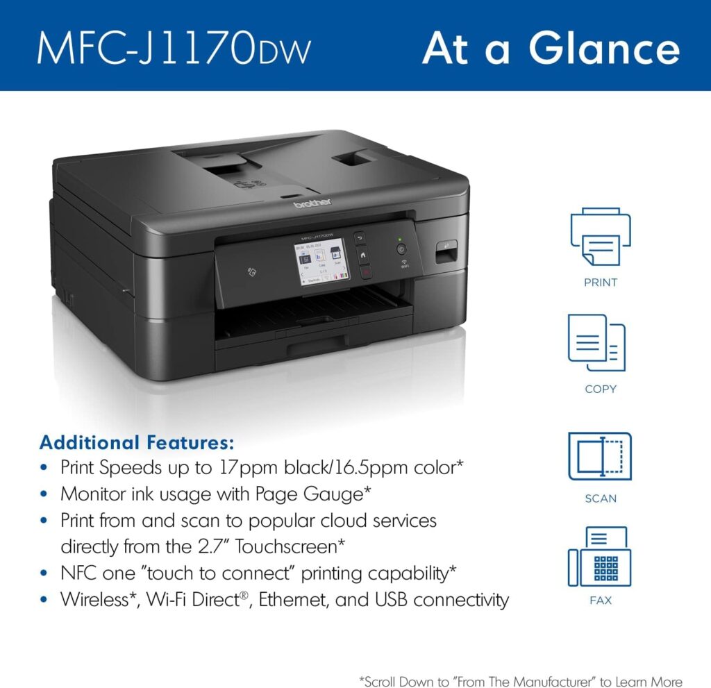 Brother MFC-J1170DW Wireless Color Inkjet All-in-One Printer, NFC One-Touch Print, Duplex, Cloud Print  Scan, Mobile App Control, 2.7 Touchscreen, Works with Alexa