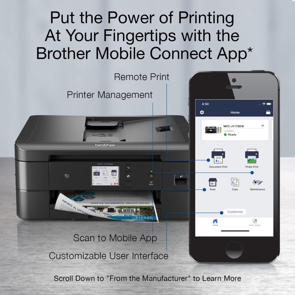 Brother MFC-J1170DW Wireless Color Inkjet All-in-One Printer, NFC One-Touch Print, Duplex, Cloud Print  Scan, Mobile App Control, 2.7 Touchscreen, Works with Alexa