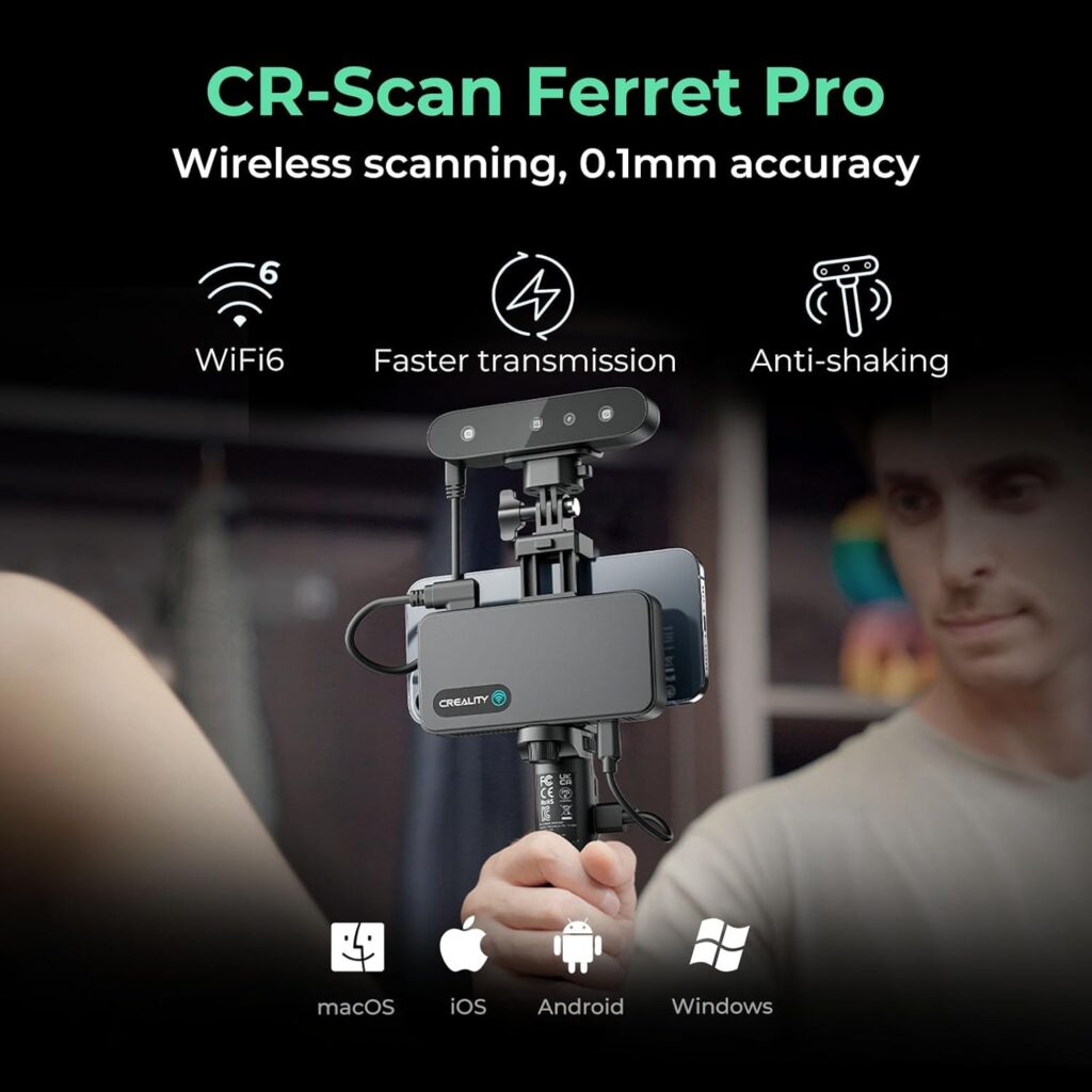 Creality 3D Scanner CR-Scan Ferret Pro for 3D Printing, Upgrade Handheld Scanner with Wireless Scanning Anti-Shake Tracking, Fast Full-Color Scan, 0.1mm Accuracy for iOS/Android Phone PC Win 10/11