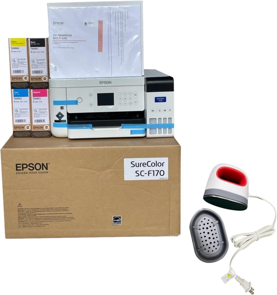 Epson F170 Cartridge-Free eco Supertank Sublimation Color Printer Starter Bundle. Free Mini Iron Heat Press Machine, 8.5x 11 10 Sheets Free Sublimation Paper and 1 Heat Resistant Tape.