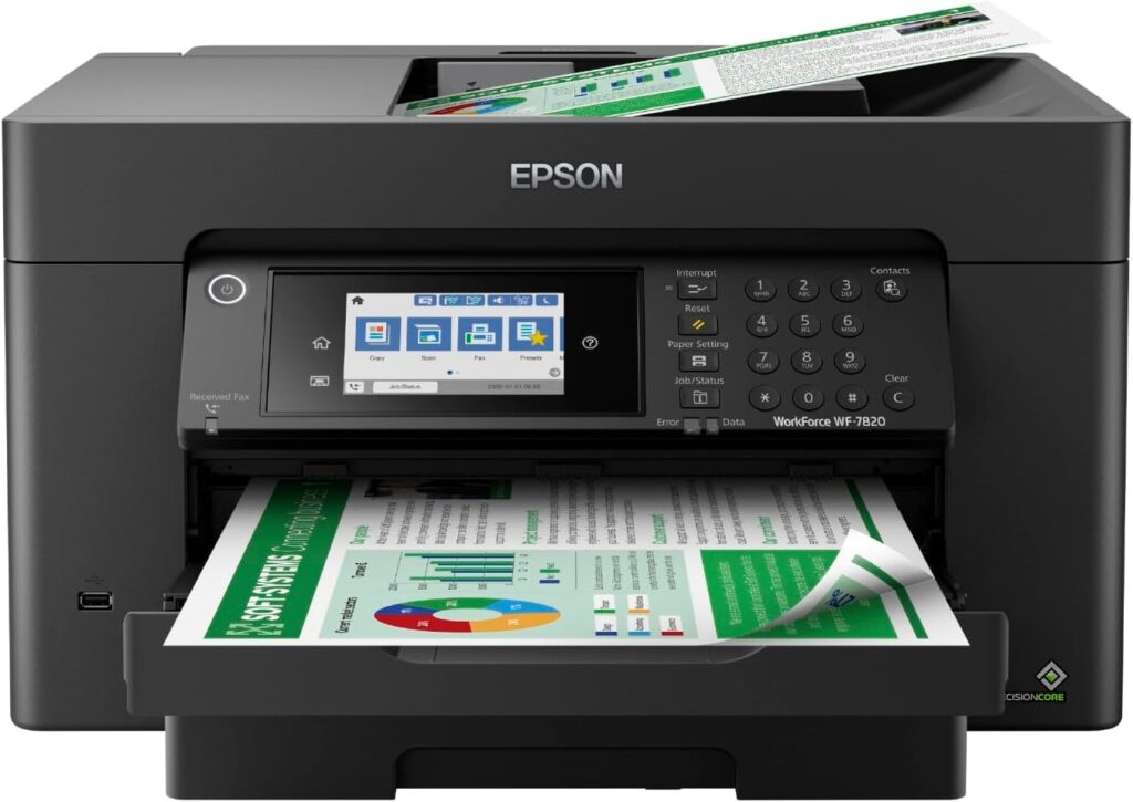 Epson Workforce Pro WF-7820 Wireless All-in-One Wide-Format Printer with Auto 2-Sided Print 13 x 19, Copy, Scan  Fax, 50-Page ADF, 250-sheet Paper Capacity, Works with Alexa, Large Black