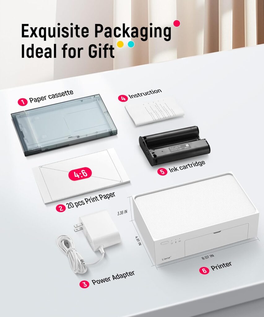 Liene M100 4x6 Photo Printer, Phone Printer 100 Sheets  3 Cartridges, Full-Color Photo, Portable Instant Photo Printer for iPhone Android, Thermal Dye Sublimation, Wi-Fi Picture Printer 100 Papers