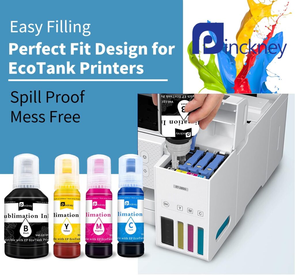 Pinckney Cartridge-Free Super-Tank Printer with Sublimation Ink Bundle for Heat Transfers, Easy Fill, Built-in Scanner  Copier (White)
