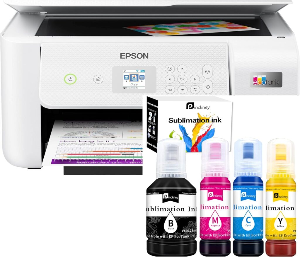 Pinckney Cartridge-Free Super-Tank Printer with Sublimation Ink Bundle for Heat Transfers, Easy Fill, Built-in Scanner  Copier (White)