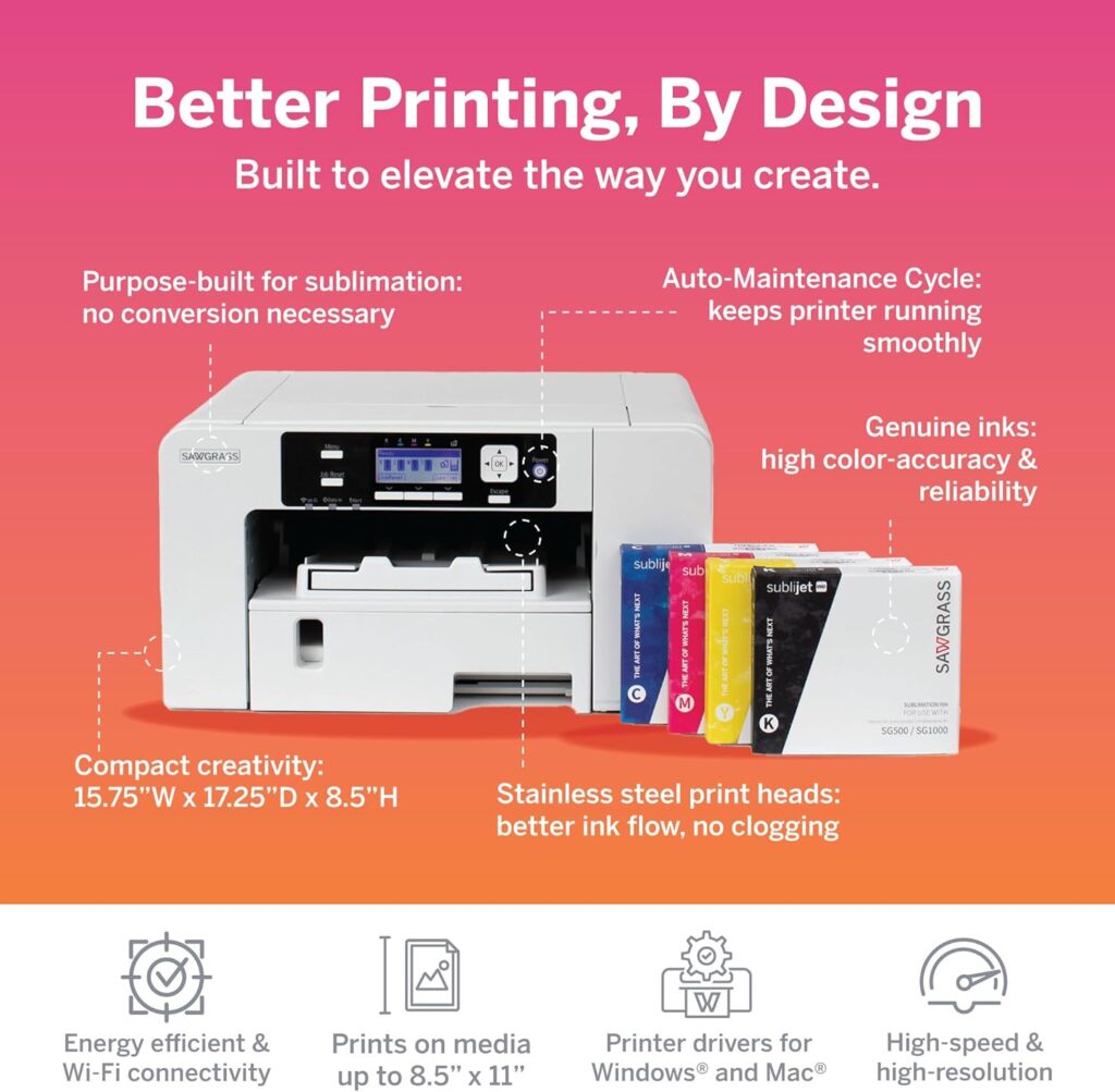 Sawgrass SG500 Sublimation Printer Starter Bundle | Includes Professional Dye-Sublimation Printer, SubliJet UHD Inks  TruePix Sublimation Paper | Wi-Fi Connectivity | Create Custom Designs
