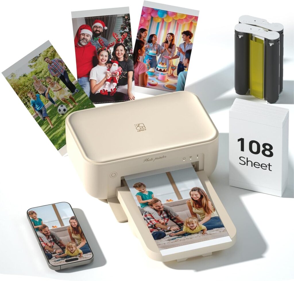 4x6 Photo Printer with 108 Sheets  2 Ribbons - Dye Sublimation Wireless Portable Photo Printer for iPhone  Android Smartphones, Home  Travel Picture Printing, Ideal Gift, Beige