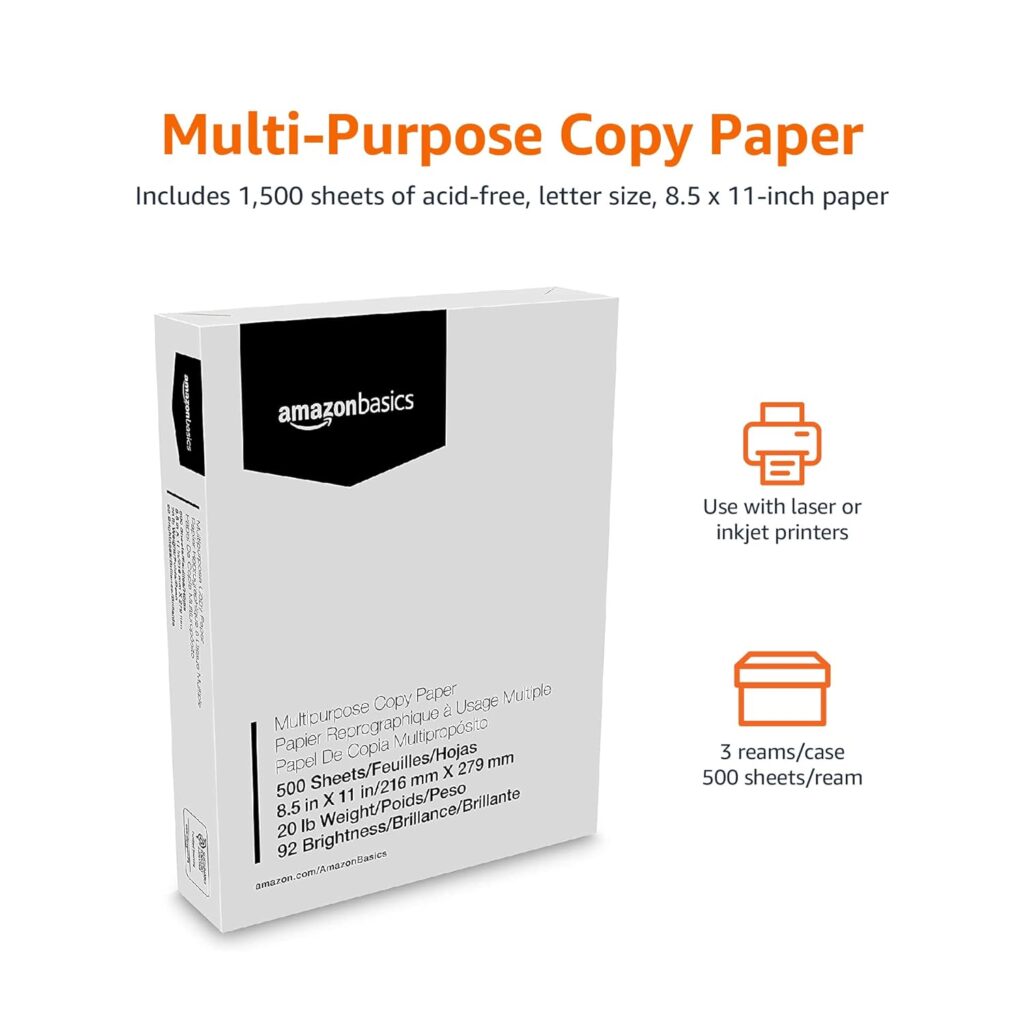 Amazon Basics Multipurpose Copy Printer Paper, 20 lb, 8.5 x 11 Inches, 3 Reams (1,500 Sheets), 92 Bright, White