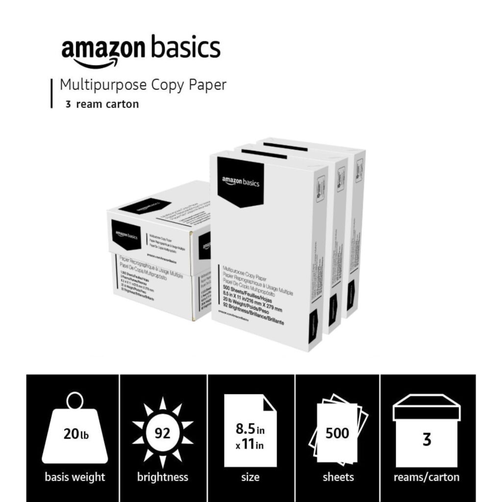 Amazon Basics Multipurpose Copy Printer Paper, 20 lb, 8.5 x 11 Inches, 3 Reams (1,500 Sheets), 92 Bright, White