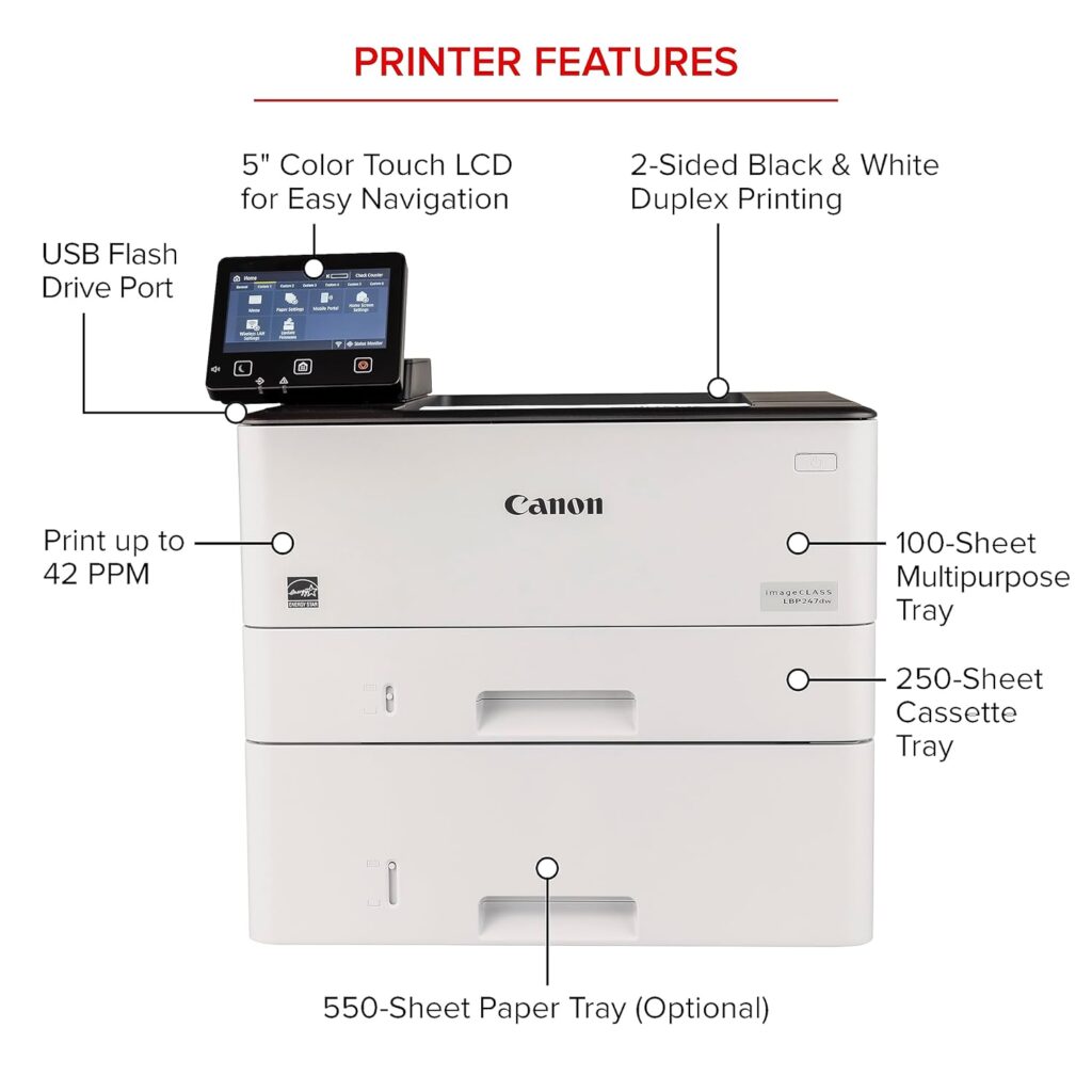 Canon imageCLASS LBP247dw - Monochrome Duplex, Wireless Laser Printer, Single Function, Mobile Ready, with 5 inch Color Touchscreen and 1 Year Limited Warranty, 42 PPM, White