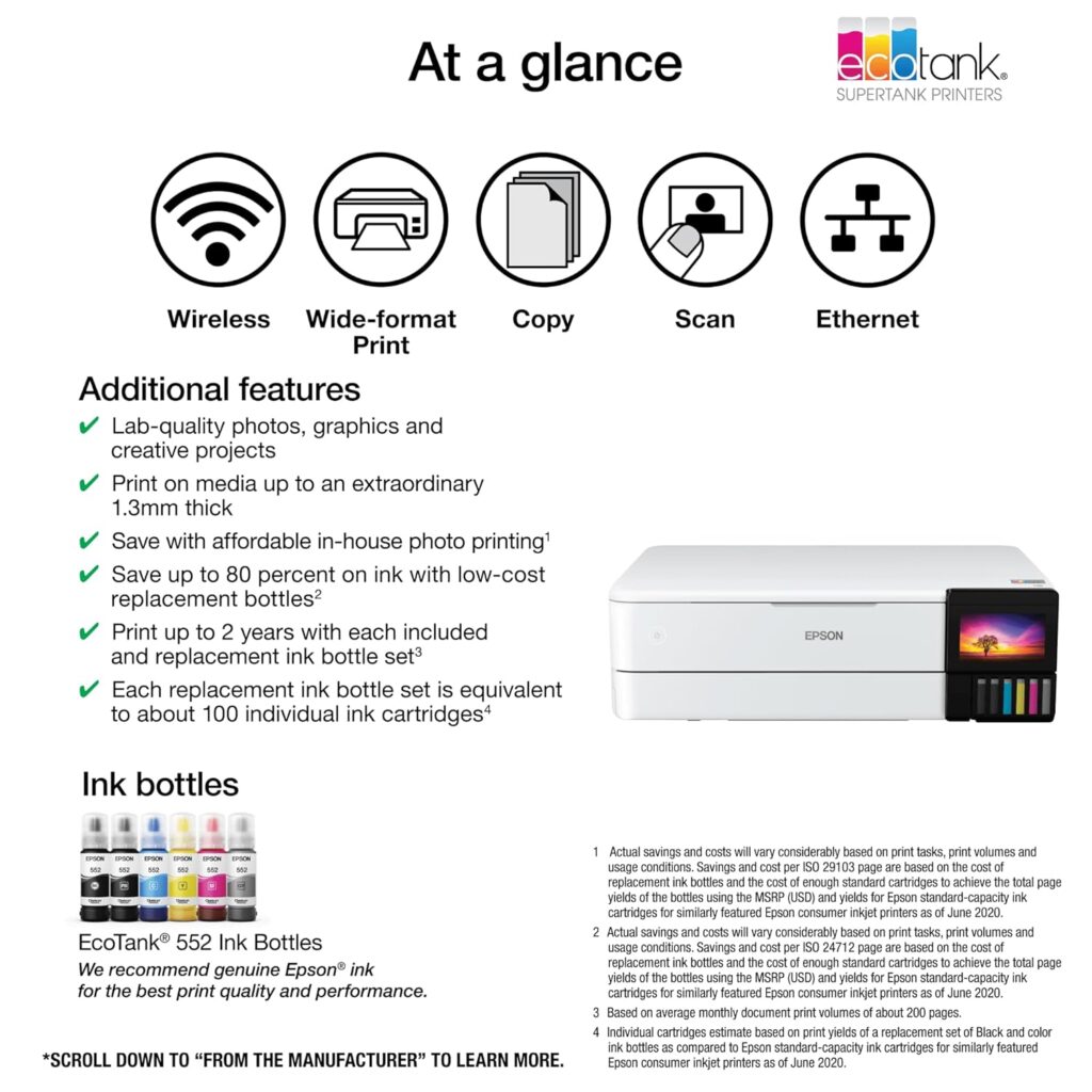 Epson EcoTank Photo ET-8550 Wireless Wide-Format All-in-One Supertank Printer with Scanner, Copier, Ethernet and 4.3-inch Color Touchscreen, Large, White