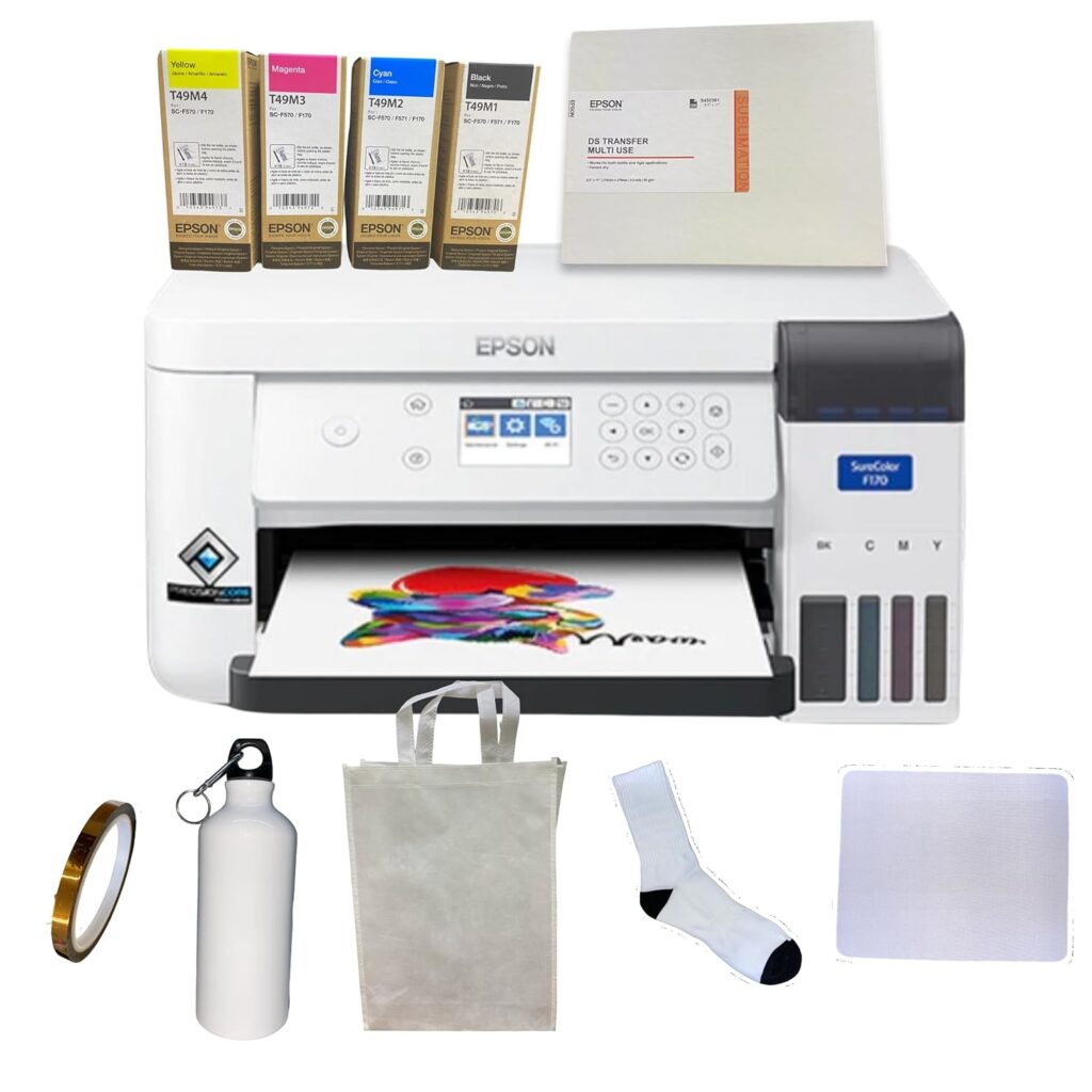 Epson SureColor F170 Dye-Sublimation Printer, Eco Tank, Cartridge-Free, Genuine Set of Inks and Sublimation Paper. Blanks