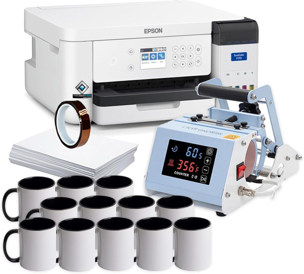 Epson SureColor F170 Dye-Sublimation Printer. Includes Full Set of Ink, User Guide, AC Power Cable, 9 x 12 Heat Press, Thermal Tape, 8.5 x 11  8.5 x 14 Paper SCF170