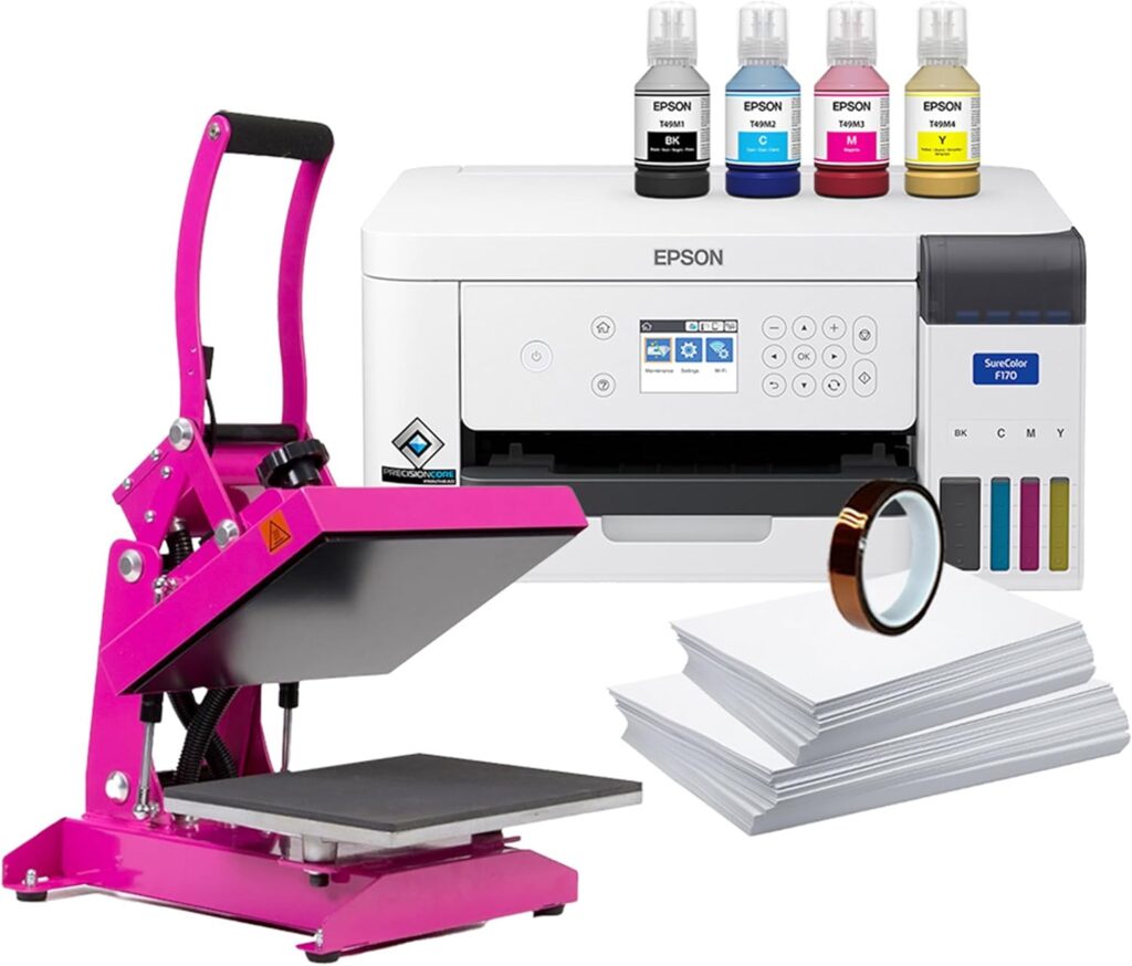 Epson SureColor F170 Dye-Sublimation Printer. Includes Full Set of Ink, User Guide, AC Power Cable, 9 x 12 Heat Press, Thermal Tape, 8.5 x 11  8.5 x 14 Paper SCF170