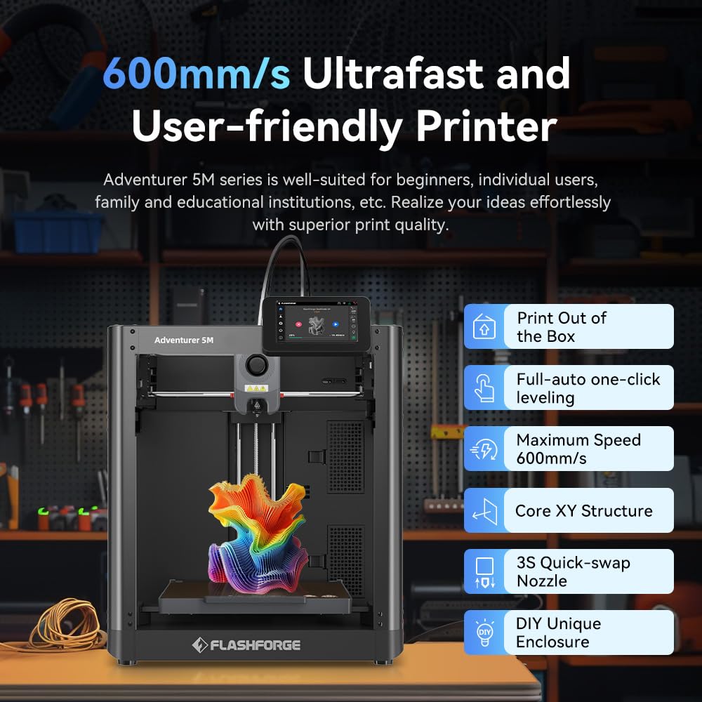 FLASHFORGE Adventurer 5M 3D Printer with Fully Auto Leveling System, Max 600mm/s High-Speed, 280℃ Quick-Detach Nozzle, CoreXY Structure for Superior Print Quality, Rookies  Experts Smart Choice