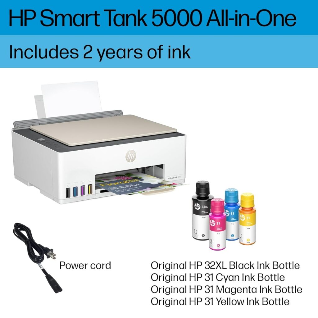 HP Smart Tank 5000 Wireless All-in-One Ink Tank Printer with up to 2 years of ink included, mobile print, scan, copy