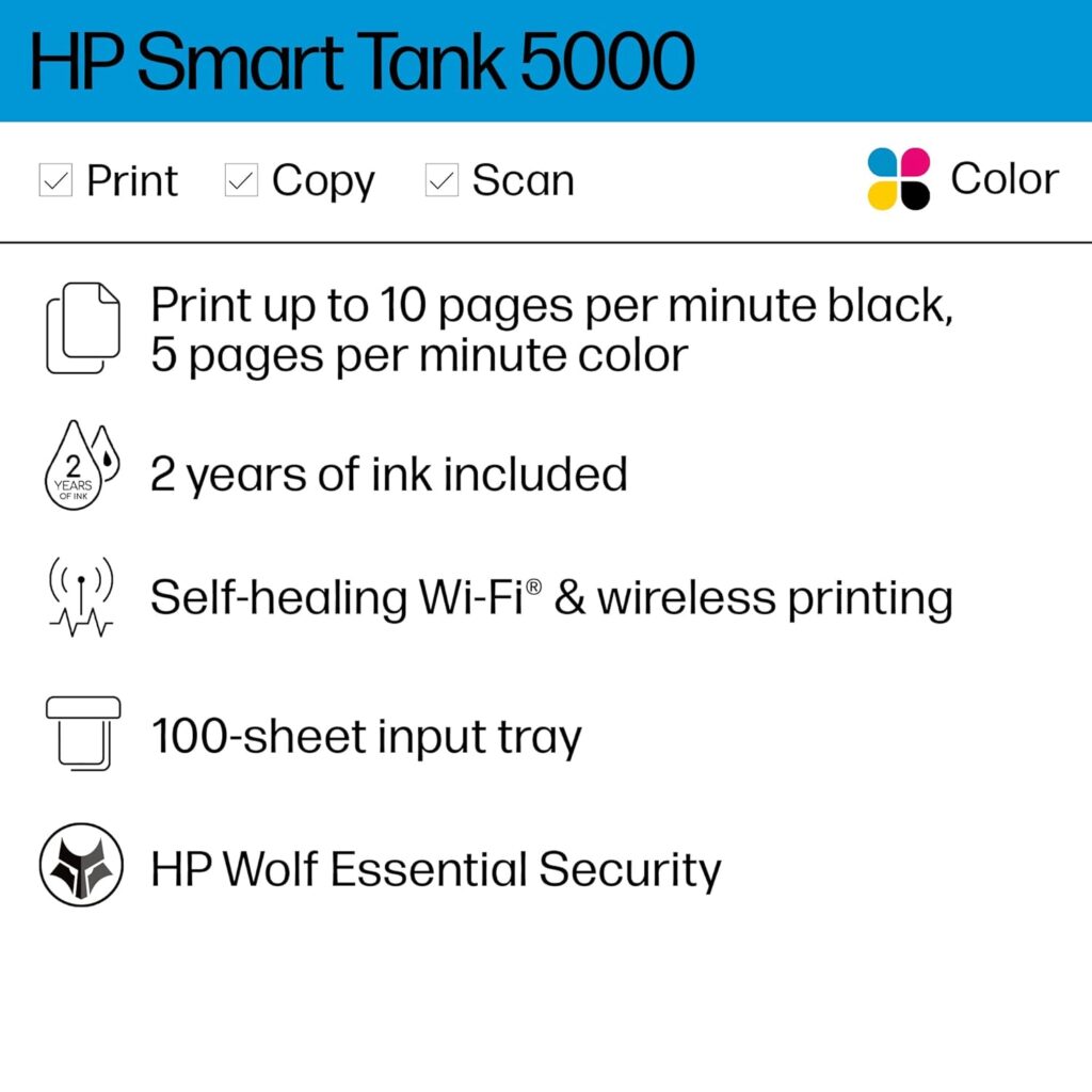 HP Smart Tank 5000 Wireless All-in-One Ink Tank Printer with up to 2 years of ink included, mobile print, scan, copy