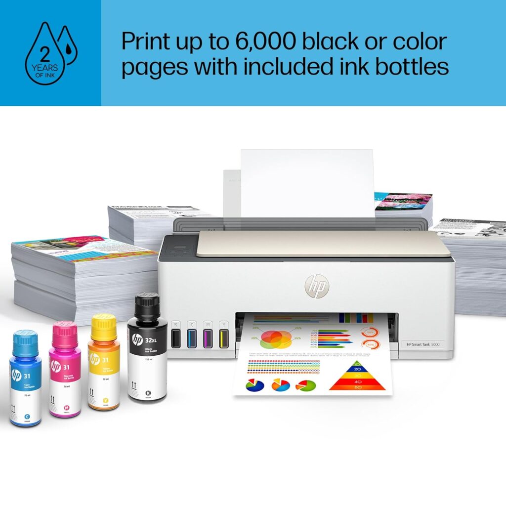 HP Smart Tank 5000 Wireless All-in-One Ink Tank Printer with up to 2 years of ink included, mobile print, scan, copy