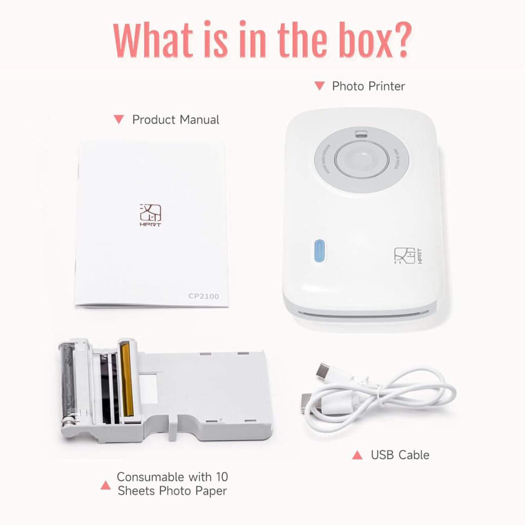 HPRT CP2100 Portable Photo Printer for iPhone, Wireless Picture Printer for Smartphone, 2x3 Mobile Photo Mini Color Printer, Instant Thermal Dye Sublimation Tech, Bluetooth (White-Grey)