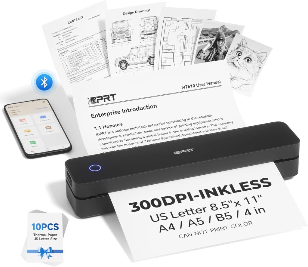 iDPRT Portable Printer Wireless for Travel, 300DPI Bluetooth Thermal Printer Support for 8.5x11 US Letter, Inkless Compatible with iOS, Android, Laptop for Office, Car and Home, School