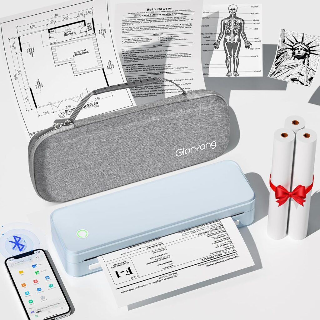 Inkless Portable Printer for Travel, Wireless Thermal Printer Supports 8.5 x 11 US Letter Size, Bluetooth Machine Includes Carry Case and 3 Rolls of Thermal Paper Kit, Blue