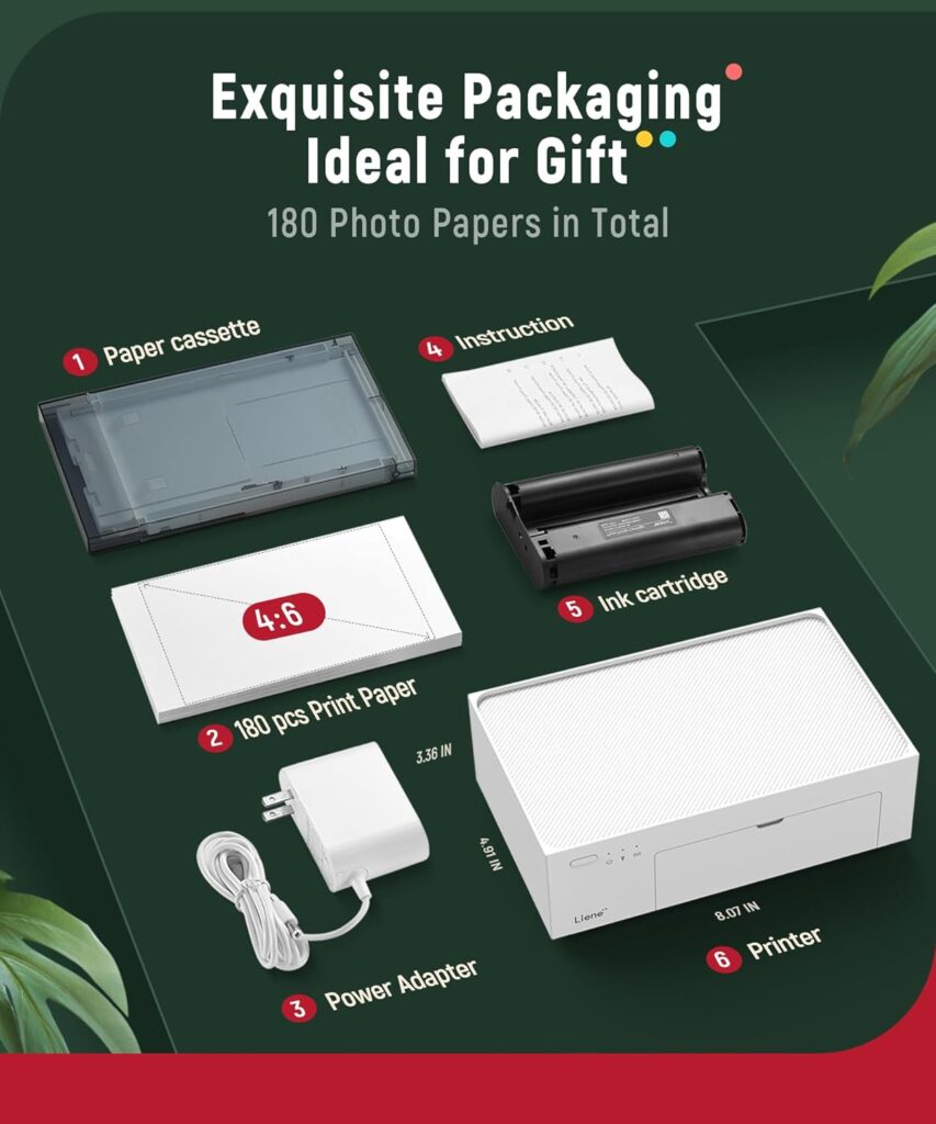 Liene M100 4x6 Photo Printer Bundle (180 pcs +5 Ink Cartridges), Wi-Fi Picture Printer for iPhone, Android, Smartphone, Computer, Dye-Sublimation, Portable for Home Use