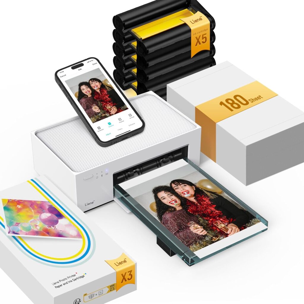 Liene M100 4x6 Photo Printer Bundle (180 pcs +5 Ink Cartridges), Wi-Fi Picture Printer for iPhone, Android, Smartphone, Computer, Dye-Sublimation, Portable for Home Use