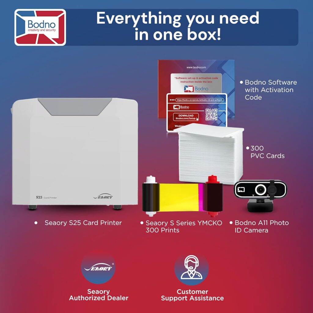 Bodno Seaory S25 Single Sided ID Card Printer  Complete Supplies Package ID Software - Bronze Edition