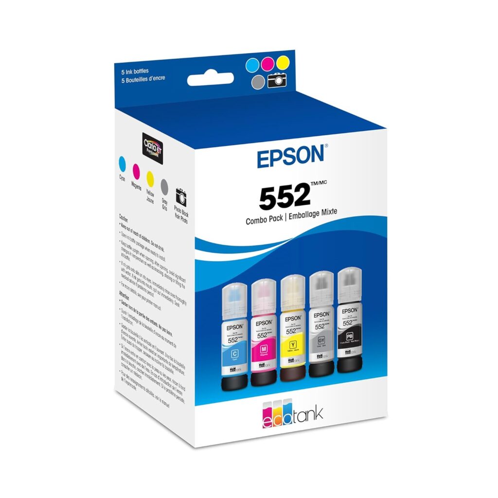 EPSON 552 EcoTank Ink Ultra-high Capacity Bottle Five Color Combo Pack (T552920-S) Works with EcoTank Photo ET-8500, ET-8550