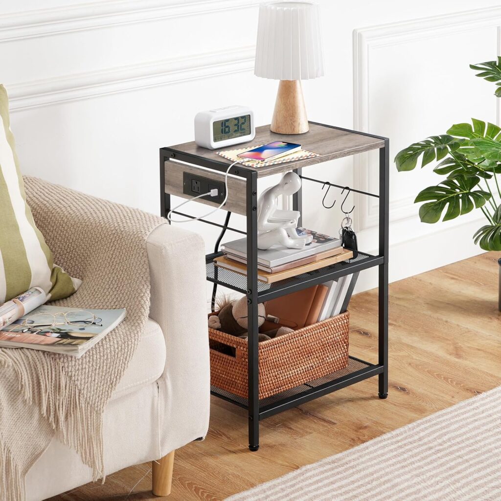 HOOBRO Industrial Printer Stand, 3-Tier Mobile Printer Table, Rolling Cart with Power Outlets and USB Ports, Home Printer Stand with 2 Hooks, for Office, Living Room, Greige and Black BG22UPS01