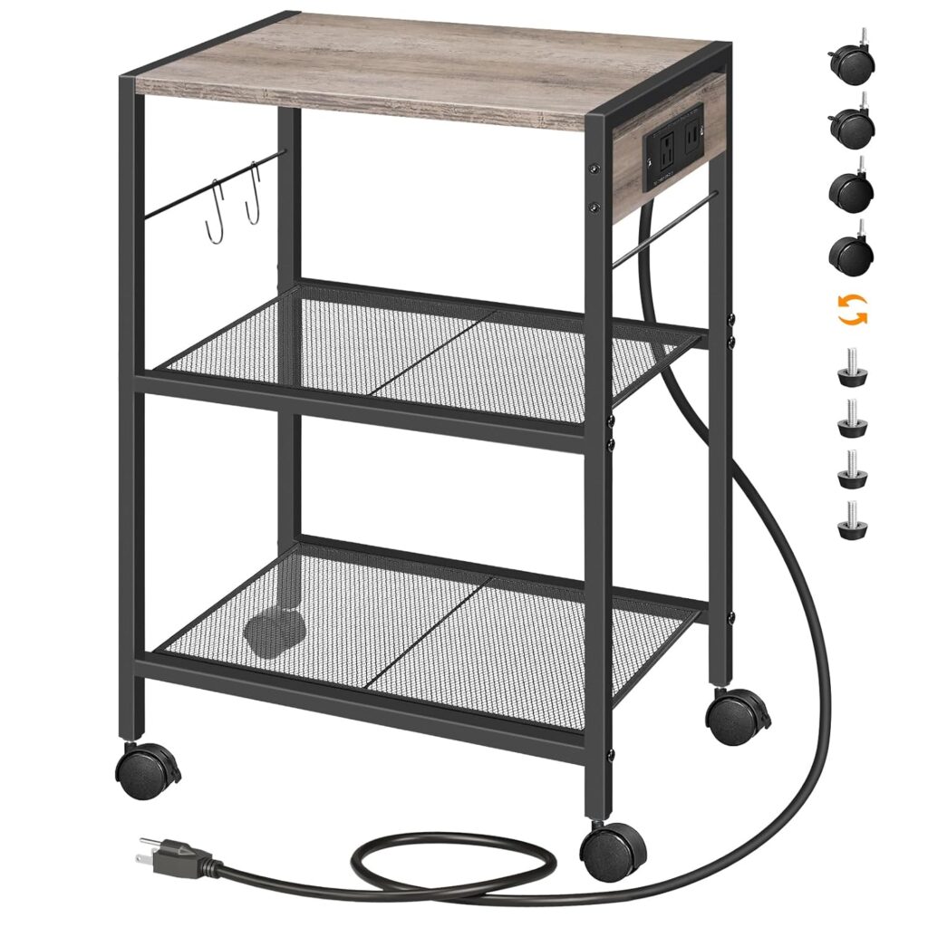HOOBRO Industrial Printer Stand, 3-Tier Mobile Printer Table, Rolling Cart with Power Outlets and USB Ports, Home Printer Stand with 2 Hooks, for Office, Living Room, Greige and Black BG22UPS01